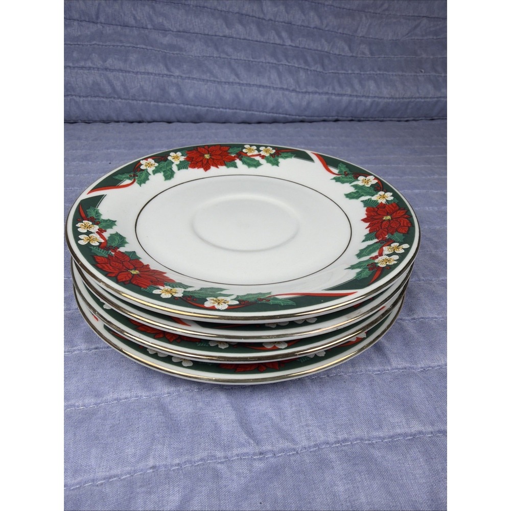(Set of 4) Tienshan Deck the Hall 6" Fine China Poinsettia Saucers Plates